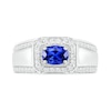 Men's Oval Blue Lab-Created Sapphire and 0.45 CT. T.W. Diamond Octagonal Frame Triple Row Ring in Sterling Silver