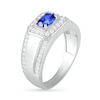 Thumbnail Image 2 of Men's Oval Blue Lab-Created Sapphire and 0.45 CT. T.W. Diamond Octagonal Frame Triple Row Ring in Sterling Silver