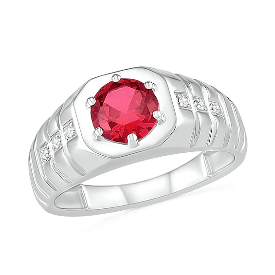 Men's 7.0mm Lab-Created Ruby and 0.04 CT. T.W. Diamond Octagonal-Top Ribbed Shank Ring in Sterling Silver