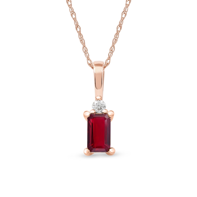 Emerald-Cut Ruby and Diamond Accent Drop Pendant in 10K Rose Gold|Peoples Jewellers