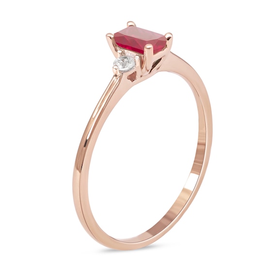 Emerald-Cut Ruby and 0.08 CT. T.W. Diamond Three Stone Grooved Ring in 10K Rose Gold