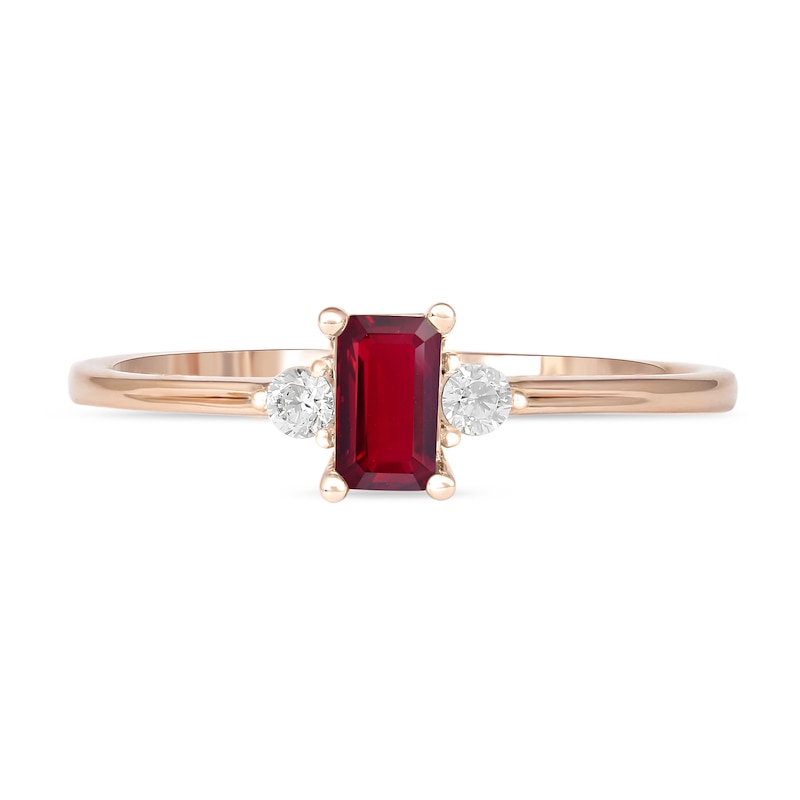 Emerald-Cut Ruby and 0.08 CT. T.W. Diamond Three Stone Grooved Ring in 10K Rose Gold|Peoples Jewellers