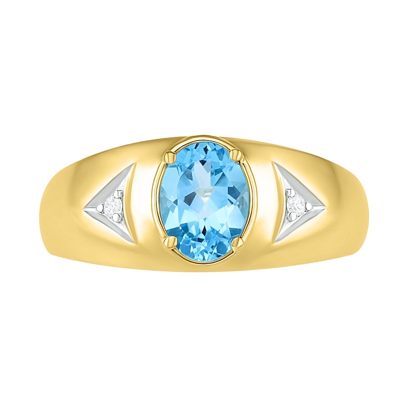 Men's Oval Blue Topaz and Diamond Accent Triangle Side Accent Ring in 10K Gold|Peoples Jewellers