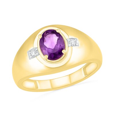 Men's Oval Amethyst and 0.04 CT. T.W. Diamond Side Accent Signet Ring in 10K Gold