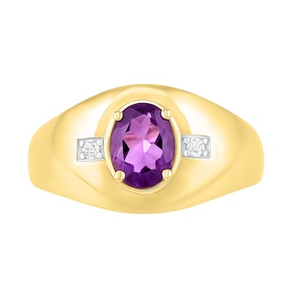 Men's Oval Amethyst and 0.04 CT. T.W. Diamond Side Accent Signet Ring in 10K Gold