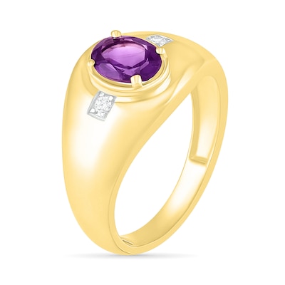 Men's Oval Amethyst and 0.04 CT. T.W. Diamond Side Accent Signet Ring in 10K Gold