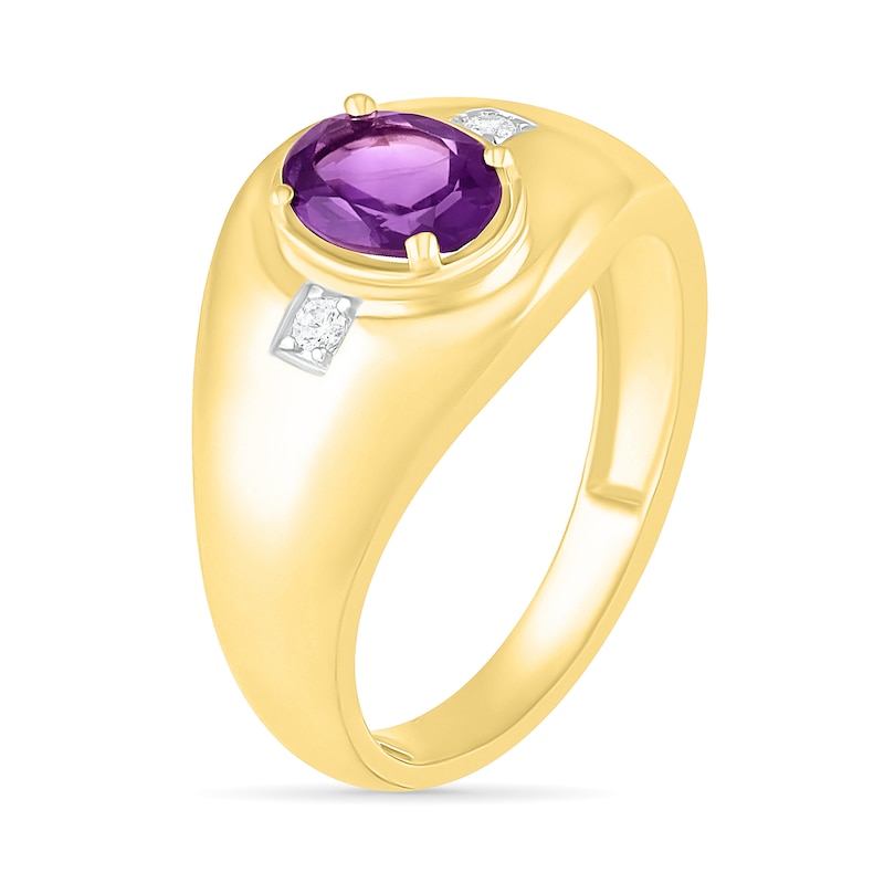Men's Oval Amethyst and 0.04 CT. T.W. Diamond Side Accent Signet Ring in 10K Gold|Peoples Jewellers