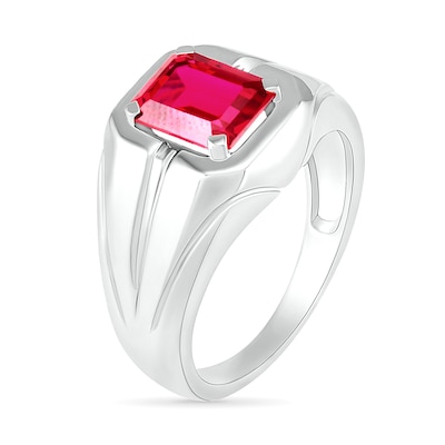 Men's Emerald-Cut Lab-Created Ruby Rectangular Frame Split Shank Ring in Sterling Silver