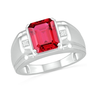 Men's Emerald-Cut Lab-Created Ruby and Diamond Accent Collar Stepped Edge Ring in Sterling Silver