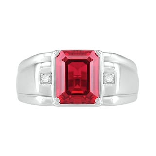 Men's Emerald-Cut Lab-Created Ruby and Diamond Accent Collar Stepped Edge Ring in Sterling Silver