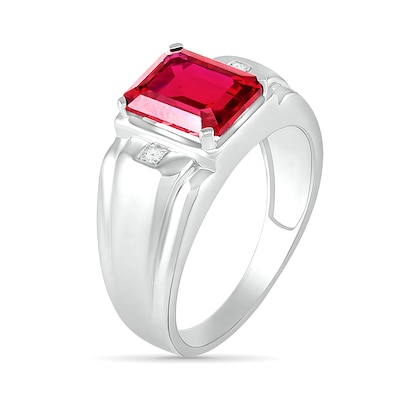 Men's Emerald-Cut Lab-Created Ruby and Diamond Accent Collar Stepped Edge Ring in Sterling Silver