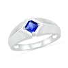 Men's Square-Cut Blue Lab-Created Sapphire and 0.04 CT. T.W. Diamond Chevron Collar Knife Edge Ring in Sterling Silver