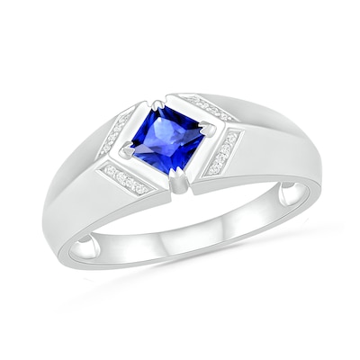 Men's Square-Cut Blue Lab-Created Sapphire and 0.04 CT. T.W. Diamond Chevron Collar Knife Edge Ring in Sterling Silver