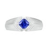 Thumbnail Image 1 of Men's Square-Cut Blue Lab-Created Sapphire and 0.04 CT. T.W. Diamond Chevron Collar Knife Edge Ring in Sterling Silver