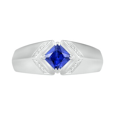 Men's Square-Cut Blue Lab-Created Sapphire and 0.04 CT. T.W. Diamond Chevron Collar Knife Edge Ring in Sterling Silver