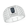 Men's Emerald-Cut Black Lab-Created Spinel and 0.066 CT. T.W. Diamond Frame Brick Pattern Ring in Sterling Silver