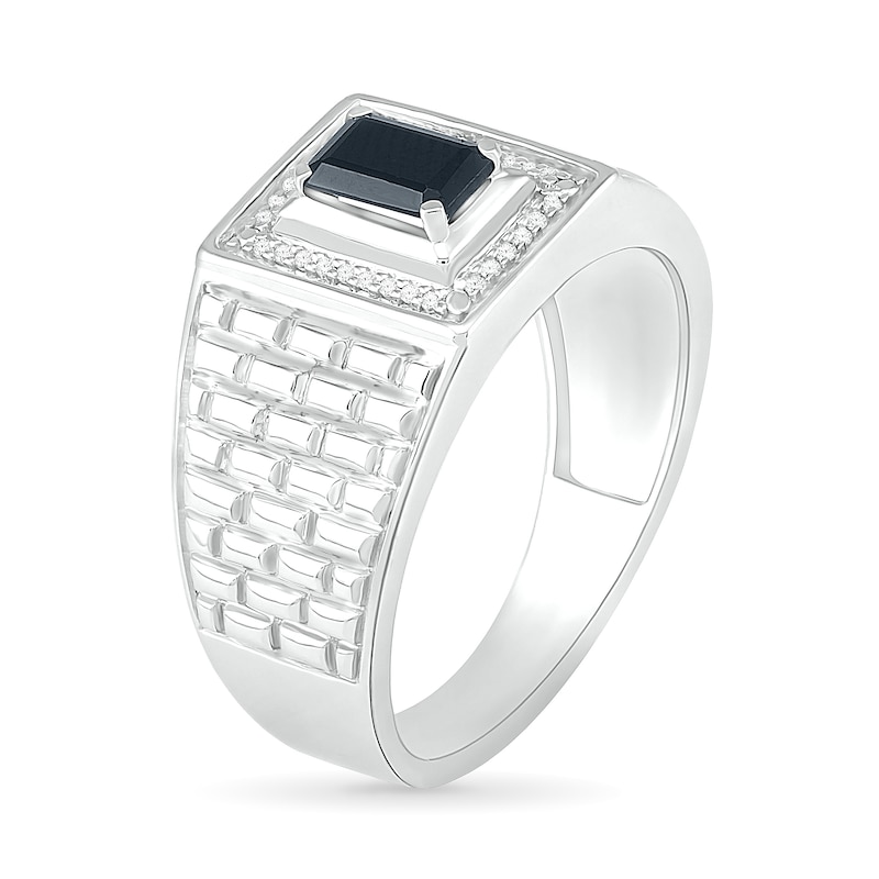 Men's Emerald-Cut Black Lab-Created Spinel and 0.066 CT. T.W. Diamond Frame Brick Pattern Ring in Sterling Silver|Peoples Jewellers