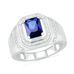 Men's Emerald-Cut Blue Lab-Created Sapphire and 0.086 CT. T.W. Diamond Octagonal Frame Collar Ring in Sterling Silver