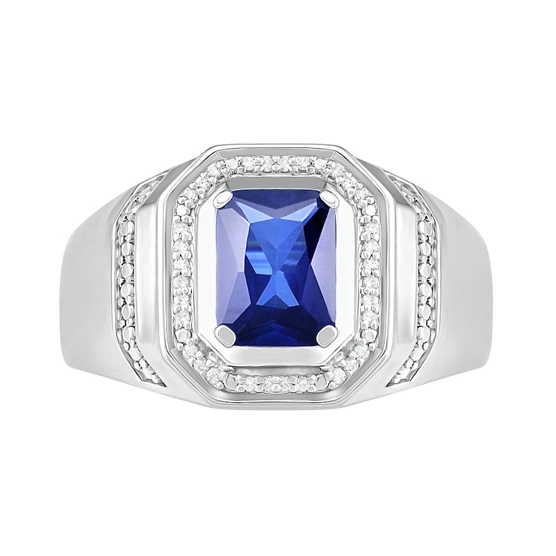 Men's Emerald-Cut Blue Lab-Created Sapphire and 0.086 CT. T.W. Diamond Octagonal Frame Collar Ring in Sterling Silver