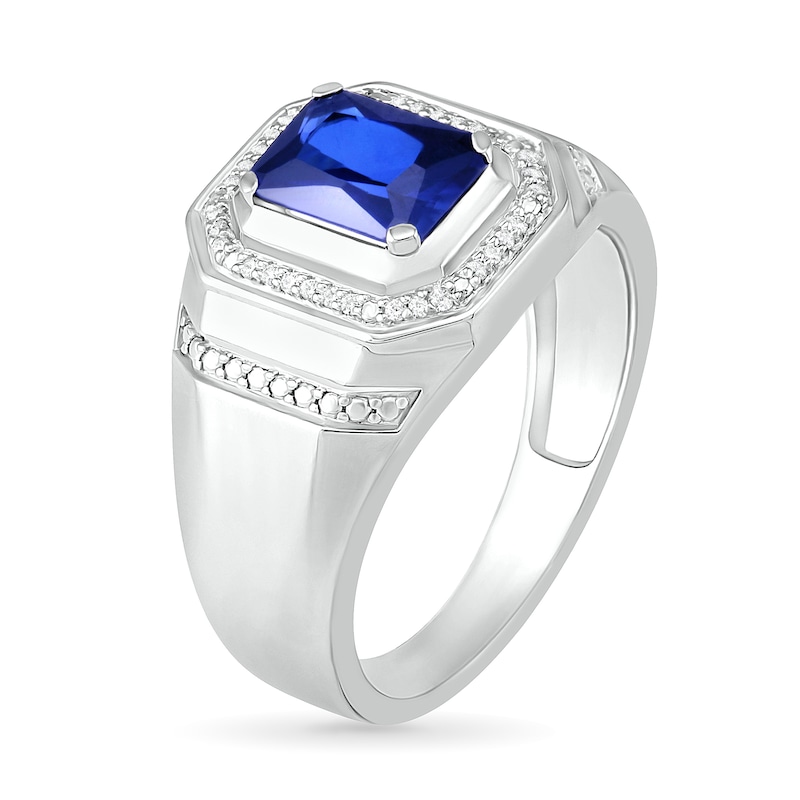 Men's Emerald-Cut Blue Lab-Created Sapphire and 0.086 CT. T.W. Diamond Octagonal Frame Collar Ring in Sterling Silver