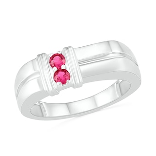 Men's 3.0mm Lab-Created Ruby Duo Collar Double Row Ring in Sterling Silver