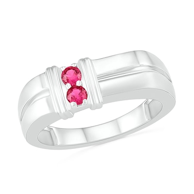 Men's 3.0mm Lab-Created Ruby Duo Collar Double Row Ring in Sterling Silver