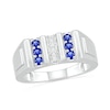 Thumbnail Image 0 of Men's Blue Lab-Created Sapphire and Diamond Accent Vertical Triple Row Art Deco Ring in Sterling Silver