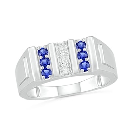 Men's Blue Lab-Created Sapphire and Diamond Accent Vertical Triple Row Art Deco Ring in Sterling Silver