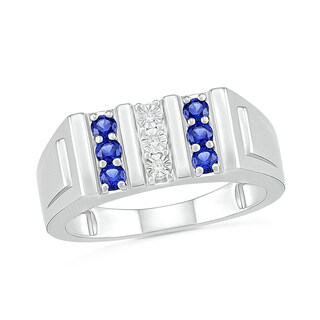 Men's Blue Lab-Created Sapphire and Diamond Accent Vertical Triple Row Art Deco Ring in Sterling Silver