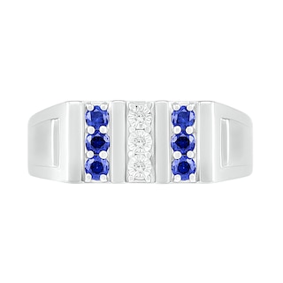 Men's Blue Lab-Created Sapphire and Diamond Accent Vertical Triple Row Art Deco Ring in Sterling Silver