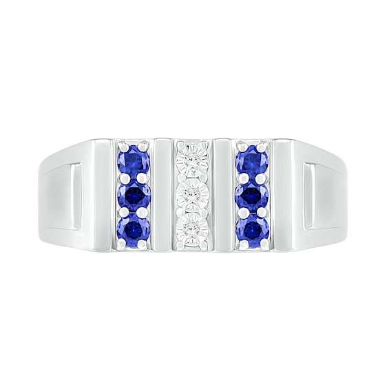 Men's Blue Lab-Created Sapphire and Diamond Accent Vertical Triple Row Art Deco Ring in Sterling Silver