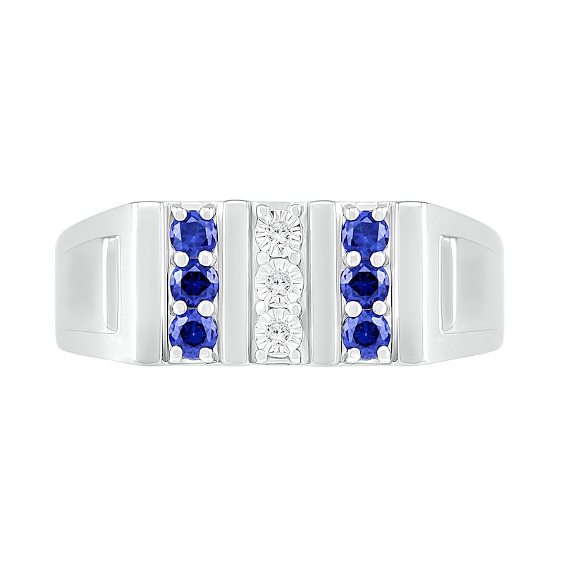 Men's Blue Lab-Created Sapphire and Diamond Accent Vertical Triple Row Art Deco Ring in Sterling Silver|Peoples Jewellers