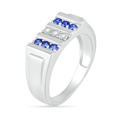 Men's Blue Lab-Created Sapphire and Diamond Accent Vertical Triple Row Art Deco Ring in Sterling Silver