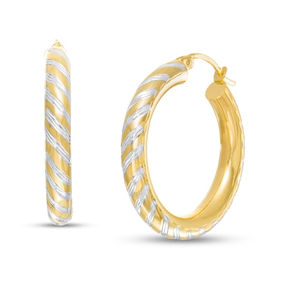 30.0mm Diamond-Cut Slant Striped Tube Hoop Earrings in 10K Gold