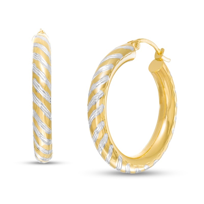 30.0mm Diamond-Cut Slant Striped Tube Hoop Earrings in 10K Gold|Peoples Jewellers