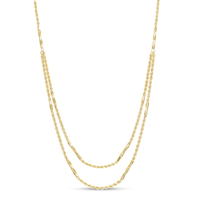 Diamond-Cut Tube Station and Rope Chain Double Strand Necklace in 10K Gold