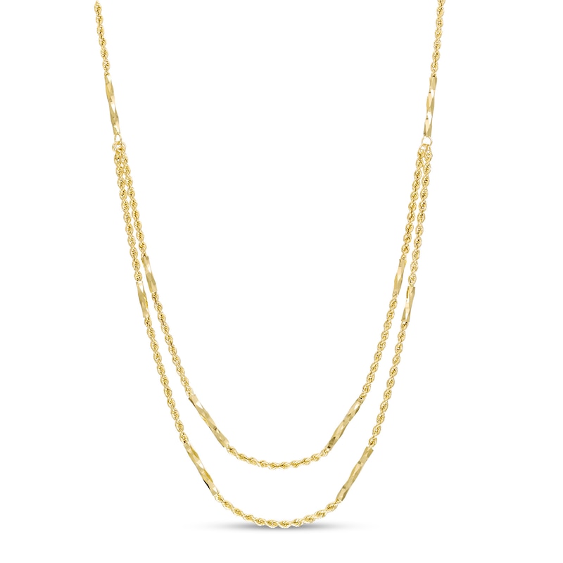 Diamond-Cut Tube Station and Rope Chain Double Strand Necklace in 10K Gold