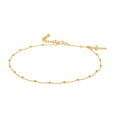 Diamond-Cut Bead Station with Cross Charm Anklet in 10K Gold - 10"