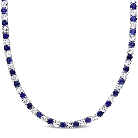 4.0mm Lab-Created Blue and White Sapphire Alternating Tennis Necklace in Sterling Silver - 17"