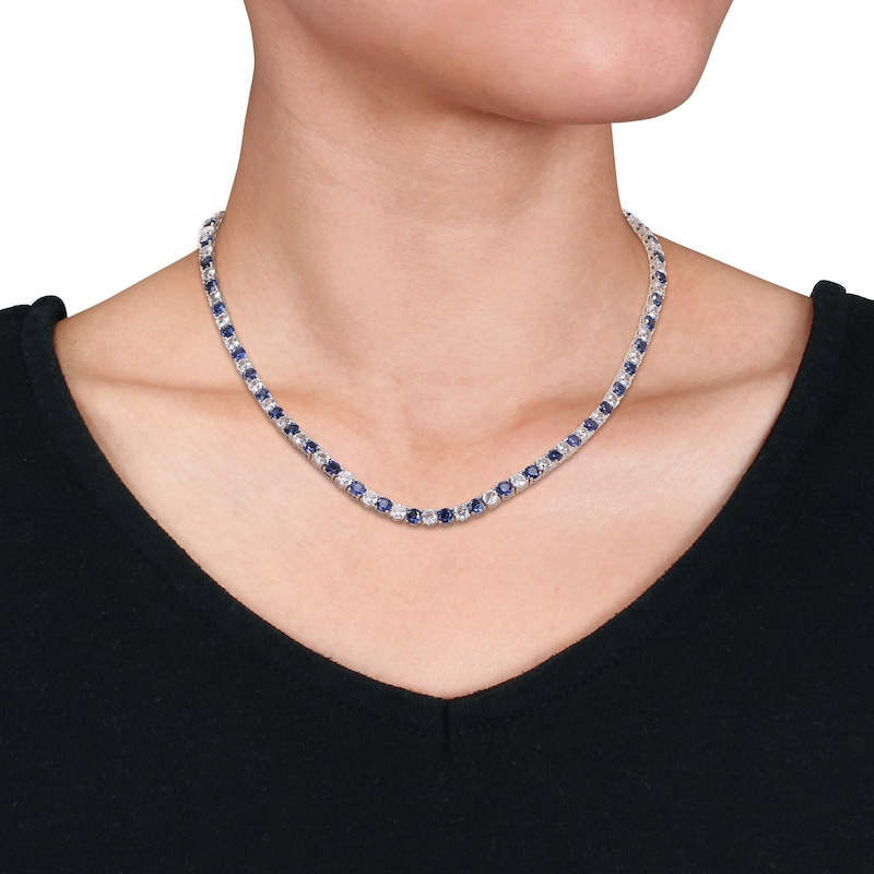 4.0mm Lab-Created Blue and White Sapphire Alternating Tennis Necklace in Sterling Silver - 17"|Peoples Jewellers