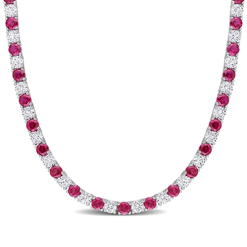 4.0mm Lab-Created Ruby and White Sapphire Alternating Tennis Necklace in Sterling Silver - 17"|Peoples Jewellers
