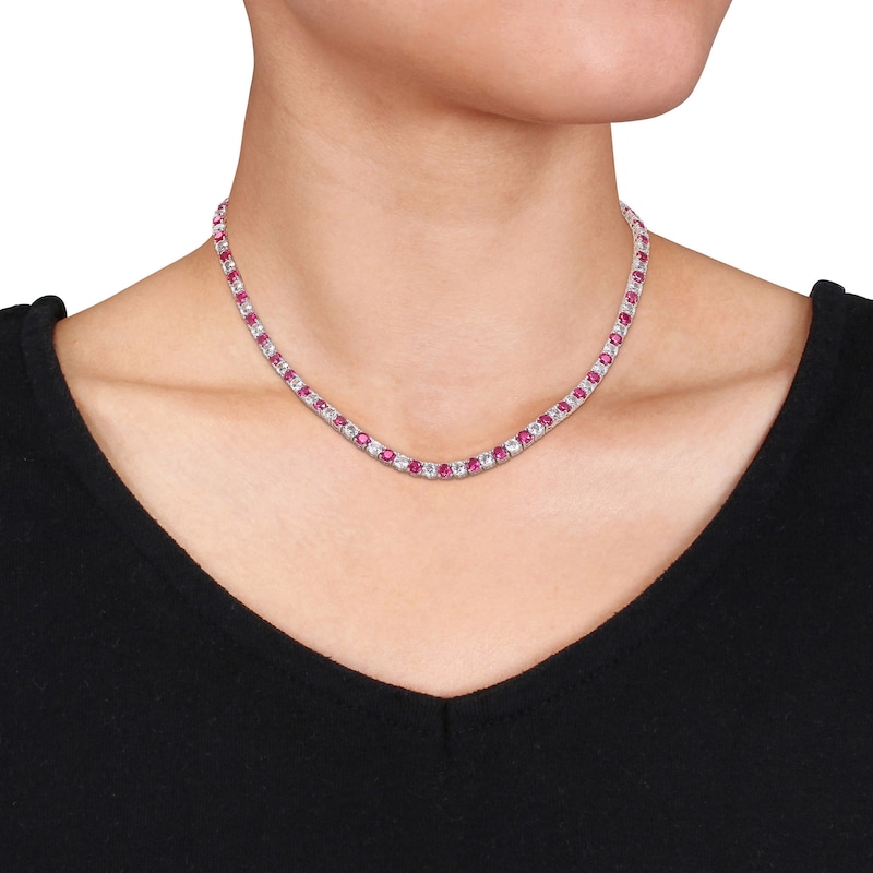 4.0mm Lab-Created Ruby and White Sapphire Alternating Tennis Necklace in Sterling Silver - 17"