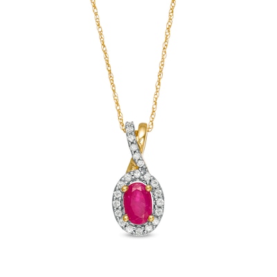 Oval Ruby and 0.15 CT. T.W. Diamond Frame Twist Drop Pendant in 10K Gold