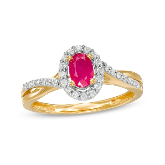 Oval Ruby and 0.20 CT. T.W. Diamond Frame Twisted Bypass Split Shank Ring in 10K Gold