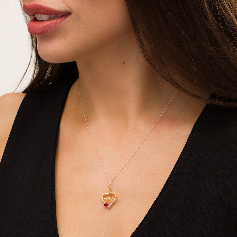 4.0mm Heart-Shaped Lab-Created Ruby and Diamond Accent "MOM" Heart Pendant in 10K Gold