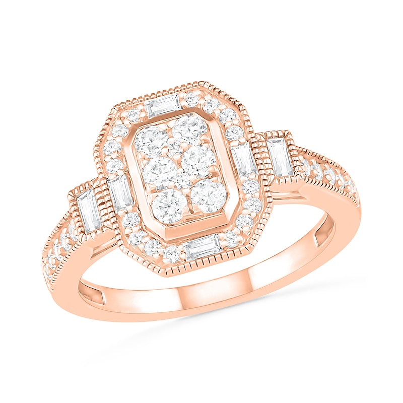 0.69 CT. T.W. Composite Diamond Elongated Octagonal Frame Vintage-Style Bridal Set in 10K Rose Gold|Peoples Jewellers