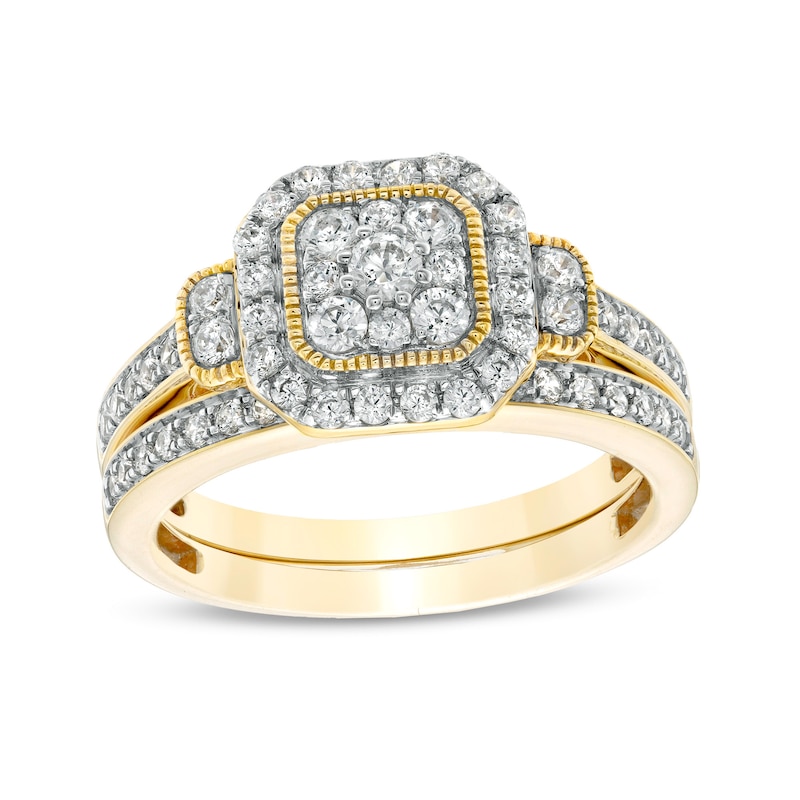 Main Image 1 of 0.69 CT. T.W. Composite Cushion Diamond Frame Vintage-Style Bridal Set in 10K Gold