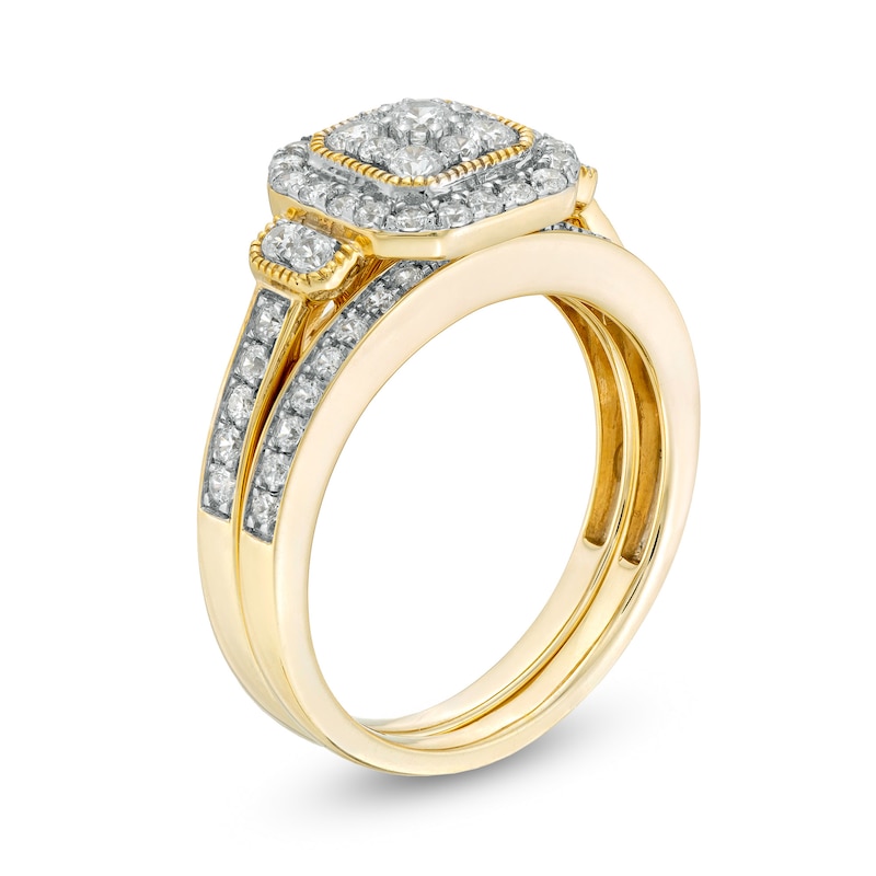 Main Image 3 of 0.69 CT. T.W. Composite Cushion Diamond Frame Vintage-Style Bridal Set in 10K Gold