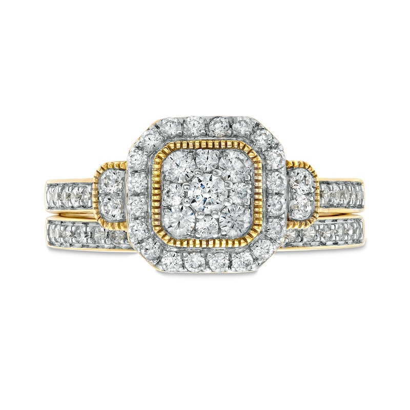 Main Image 4 of 0.69 CT. T.W. Composite Cushion Diamond Frame Vintage-Style Bridal Set in 10K Gold