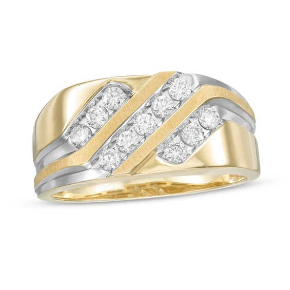 Men's 0.50 CT. T.W. Diamond Triple Row Slant Grooved Shank Ring in 10K Two-Tone Gold